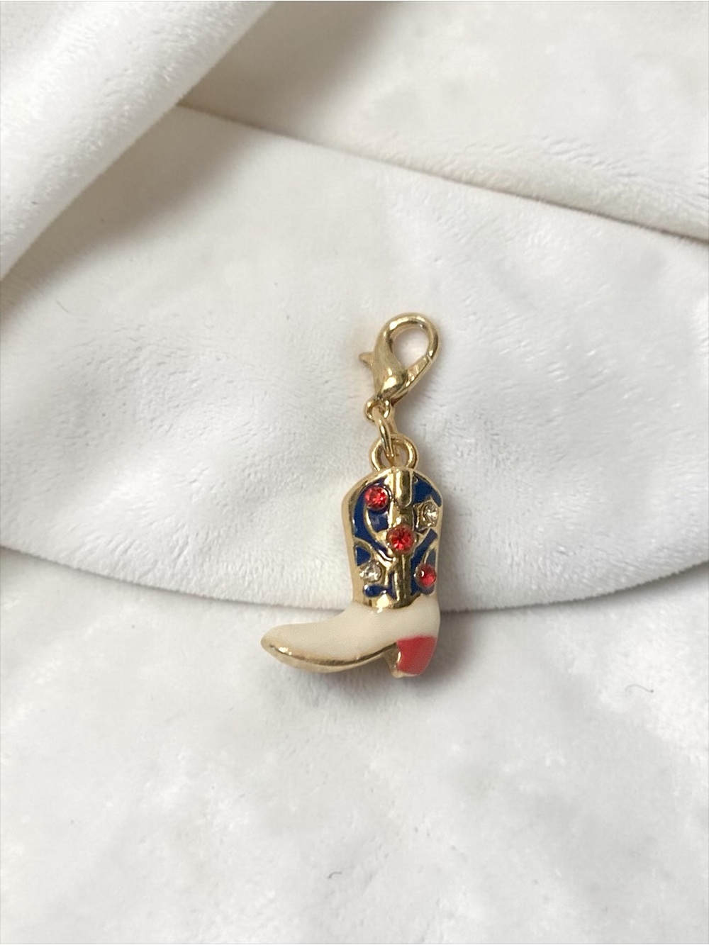 Gold-Tone Cream & Navy Cowboy Boot Key Charm with Red Accents Handmade - Picture 2 of 5